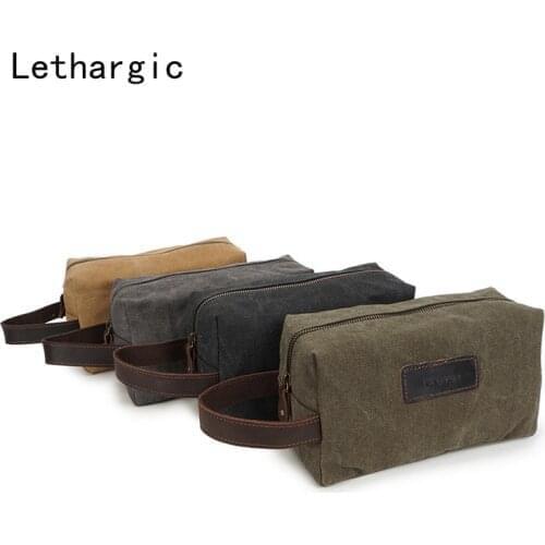 Mens Handbag Washing Canvas Washing Bag Retro Handbag Head Layer Cowhide Wrist Bag