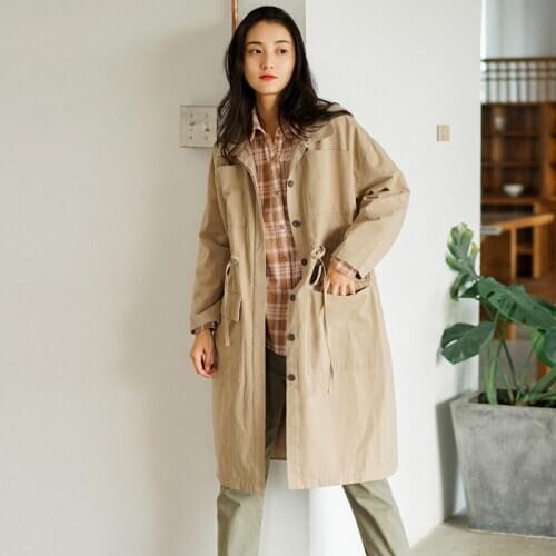 Autumn Windbreaker Women Trench Drawstring High Waist Single-breasted Pockets Long Women Coats Casual Outerwear TA5057