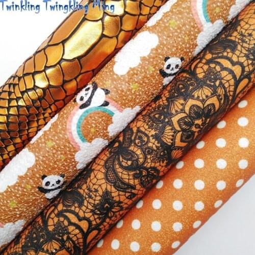 Panda Printed Glitter leather, Lace Printed Synthetic Leather Faux Fabric Sheet For Bow 21x29CM Twinkling Ming KM345