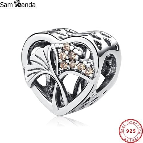 Authentic 100% 925 Sterling Silver Charms Beads Ginkgo Leaves Heart Charm Pave CZ Fit Original Bracelets Women DIY Jewelry