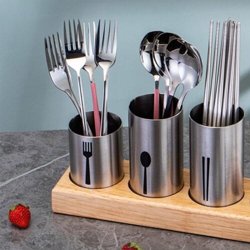 Flatware Holder Stainless Steel Cutlery Basket with Wooden Base Stand for Forks Knives Spoons Kitchen Restaurant Dining
