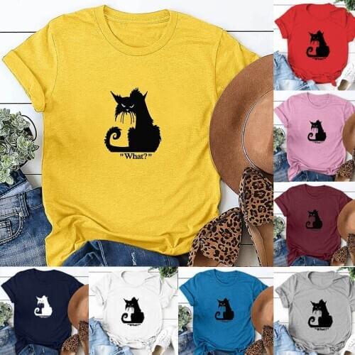 S-4XL Funny Punk Fierce Black Cat Print T-shirt Womens Halloween Casual Loose O-Neck Tee Top Female Unique Design Graphic Tops