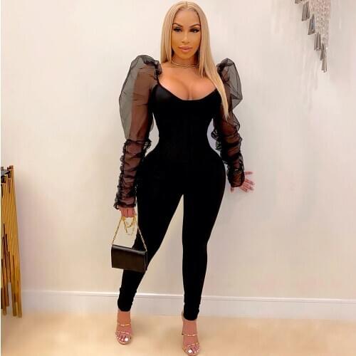Sexy Rompers Womens Jumpsuit Elegant Mesh Puff Sleeve Skinny Bodycon Romper Party Club One Piece Outfits Overalls for Women