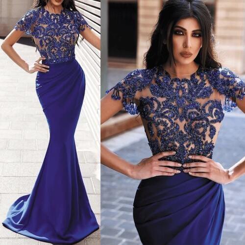 SuperKimJo Royal Blue Beaded Evening Dresses 2020 Mermaid Long Sequin Lace Applique Elegant Luxury Formal Dress Vestido De Noch
