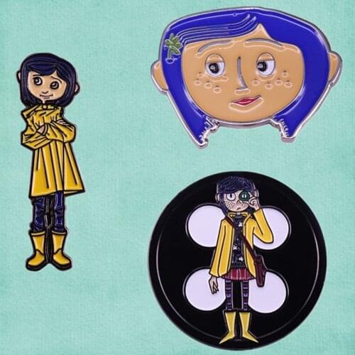 Coraline Two Worlds Neil Gaiman adventurous girl button eyed Rag Doll dark fantasy horror film enamel pin brooch