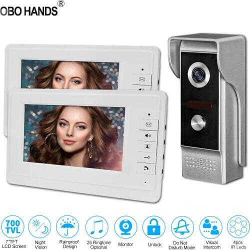 Wired Home 7'' TFT LCD Video Intercom Doorbell System Monitor Video Door Phone IR COMS Outdoor Camera 700TVL White Screen Metal