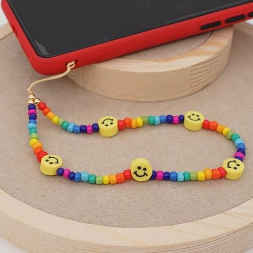 Colorful Smile Face Mobile Phone Chain Strap Beads Lanyard Keychain Soft Pottery Pendant For Women Cell Phones Case Hanging Cord