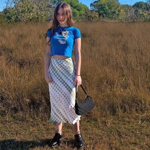 Tie Dye Printed Skirts Frill Long Mid-Calf Straight Skirts Women High Waist Cute Retro Party Outfits Streetwear