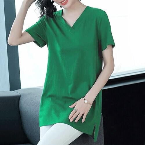 Long Style Women Spring Summer T-Shirts Tops Tee Lady Casual Short Sleeve V-Neck Plus Size Tshirts Tees ZZ0213
