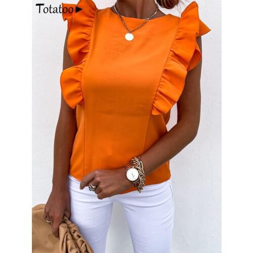 Totatoop Summer O Neck Ruffles Orange T Shirts Women 2021 Sleeveless Back Hollow Out Bow Tie Pullover Ladies Shirts Casual Tops