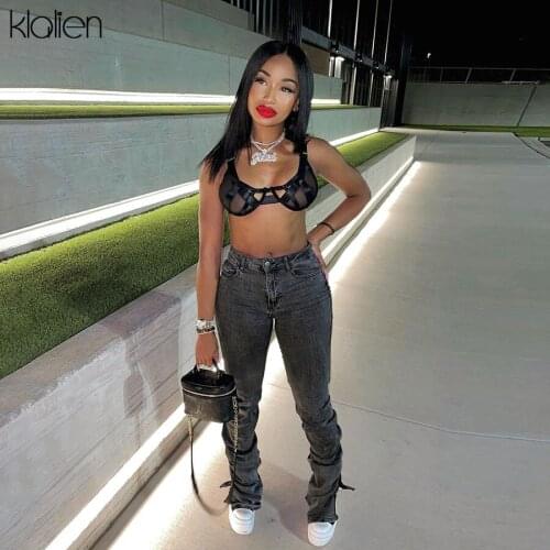 KLALIEN Autumn Women Fashion Casual Slim Solid Cotton Gray Jeans Streetwear Wild Y2K Stacked Pants High Waist Leggings Female