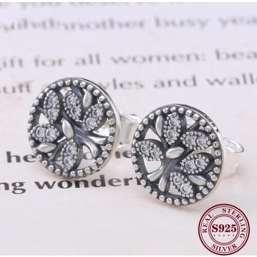 Free Shipping Real 925 Sterling Silver Earring Hollow Life Tree Zircon Earrings For Women Wedding Gift Fashion Jewelry