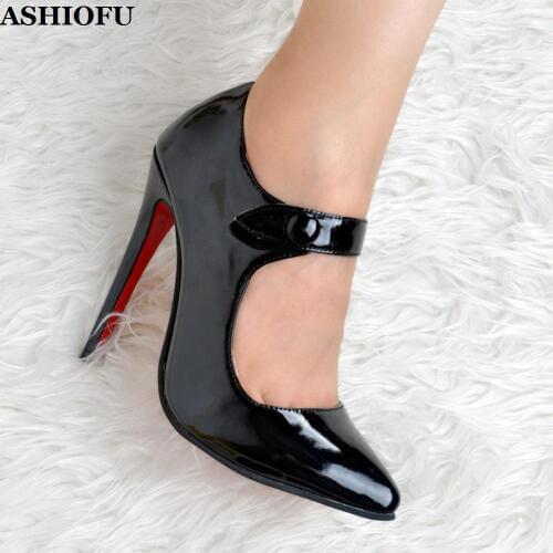 ASHIOFU Real Photos Wholesale Ladies High Heel Pumps Mary Janes Office Party Dress Shoes Patent Leather Evening Fashion Shoes