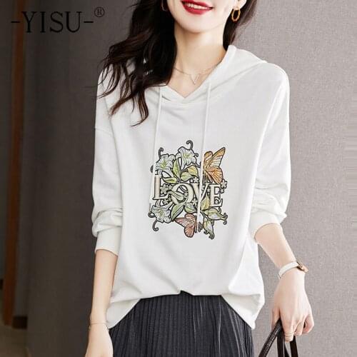 YISU Fashion Women Loose Sweater Autumn Hooded collar Tops printing Female Knitted pullover Long sleeve Jumper Women clothing