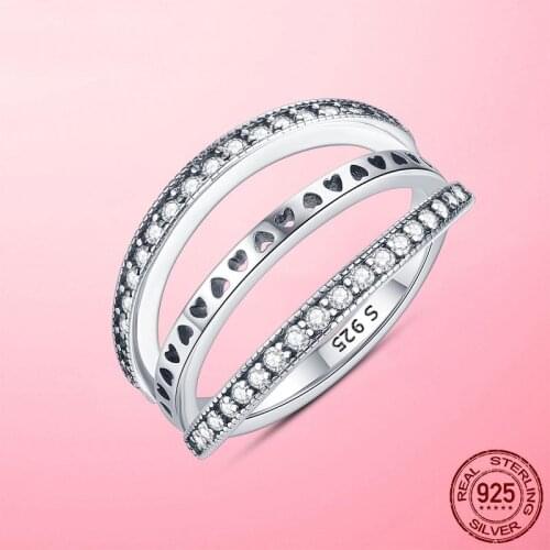 Silver Rings 925 Sterling Silver Hearts Engraved Ring for Women Triple Clear CZ Anel Wedding Band Engagement Jewelry Making Gift