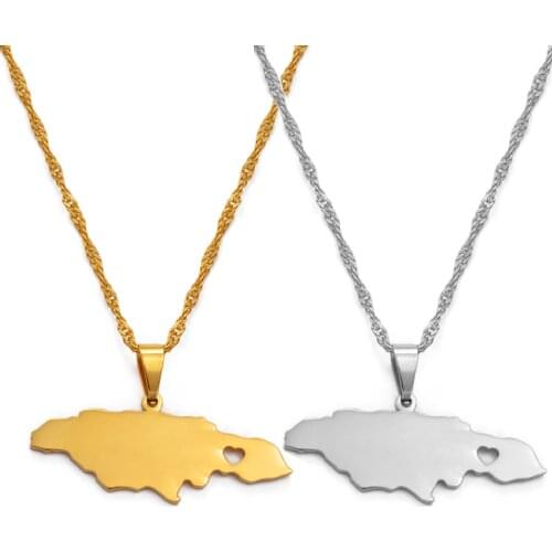 Anniyo Heart Jamaica Map Pendant Necklaces for Women/Girl Gold Color Jewelry Jamaican Patriotic Gifts #024621