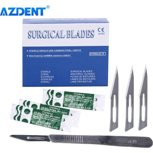 AZDENT 100pcs/Box Dental Surgical Scalpel Sterilized Blades Carbon Steel 10# 11# 15# with 1PC 3# Scalpel Handle Instruments