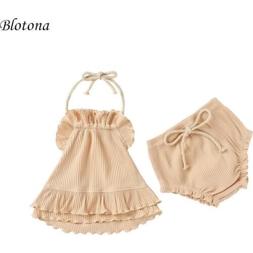 Blotona New 2Pcs Toddler Girl Cute Solid Color Halter Backless Tops + Ruffled Drawstring Shorts Summer Outfits 0-24M