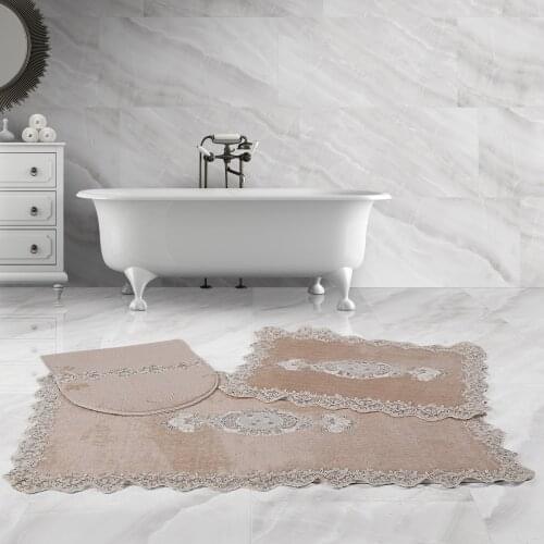 Bonny Home Beige Lisa Rectangle 3 Pieces French Lacy Plush Bath Mat Non Slip Leather Based Machine Washable Rug Set