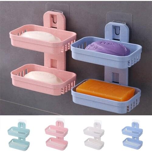 Bathroom Suction Cup Soap Dishes Plastic Holders Wall-mounted Double-deck Creative Drainage Soap Storage Double Racks