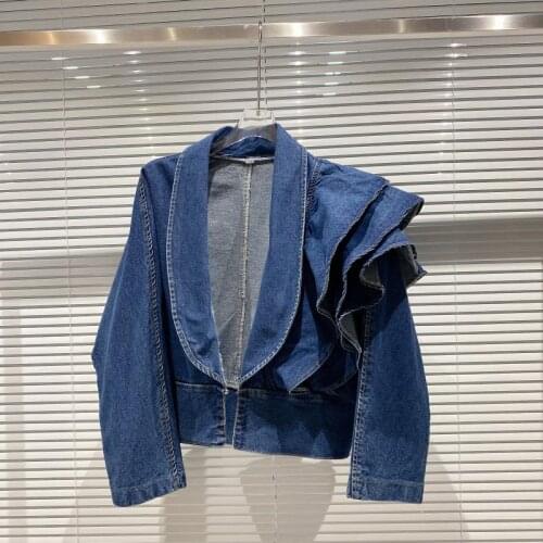 Patchwork Ruffle Jeans Jacket Women V Neck Long Sleeve Denim Jackets Female 2020 Fashion New Clothing Autumn Casual Short Coat