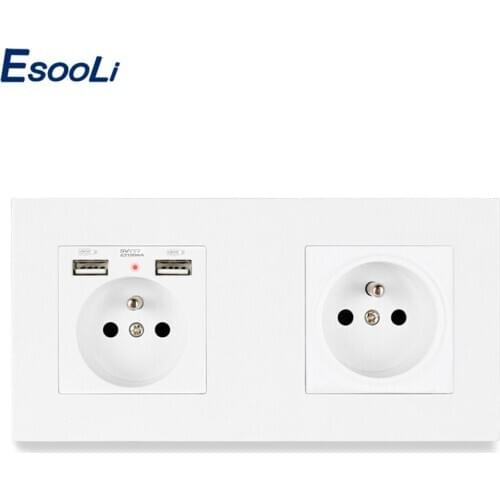 Esooli PC Plastic Panel 1 Gang French Standard Wall Socket+1 Gang Socket with Dual USB Outlet For Mobile Phone