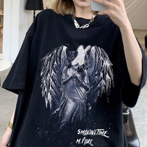 Gothic T-shirt Angel Wings Print Streetwear Ladies Clothing Harajuku Fashion Casual Hip Hop T-shirt Y2K Women Oversized T-shirt