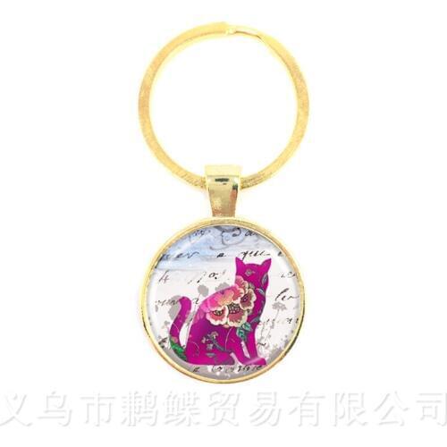Cat And Flower Picture Round Glass Dome Keychains Cat Pattern Series Pendant Animal Lover Creative Gift Handmade Keyring