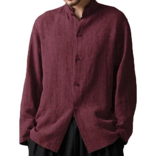 Man Autumn Casual Cotton Single Breasted Shirts Long Sleeve Solid Stand Collar Plus Size Male Long Chinese Style Tops Shirt