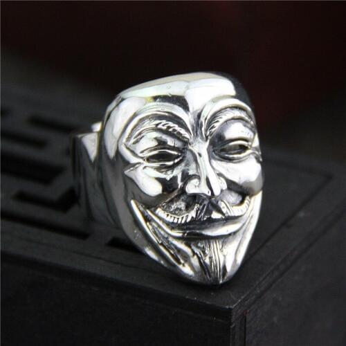 C&R Pure S999 Sterling Silver Rings Vintage Ring Mens Style Unique Masked V for Vendetta Ring Fine Jewelry Size 8-12 Adjustable