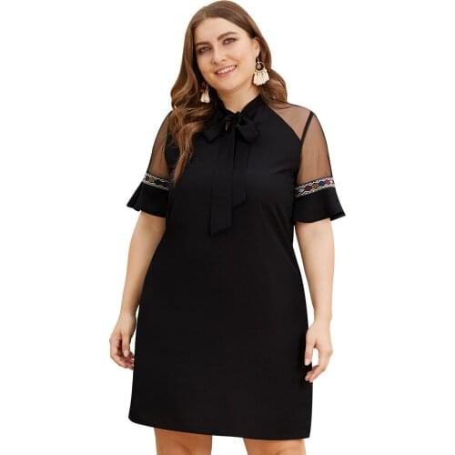 Original Women Loose Mini Dress 2019 Summer Female A-line Dresses Mesh Stitching Ribbon Bow Collar Ruffles Short Sleeve Plus 4XL