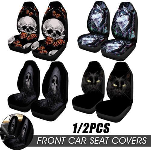 2pcs Front Automobile Car Seat Cover Protector Soft Universal Skull Pattern Wolf Print for Most Auto Cars SUV Truck