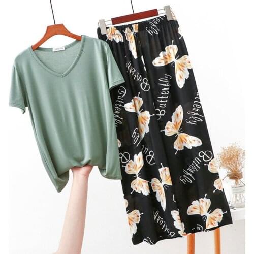 V-Neck Pajamas Set Women Summer Mom Sexy Flower Cotton Pyjamas 2Piece/Set Long Pants Short Shirt Big Size Home Mom Sleepwear