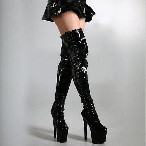 Over-knee Boots for Girls Pole Dance Shoes 20CM High-heeled Club Half Body Boots PU Mirror Large Size Side Lace Model Stage