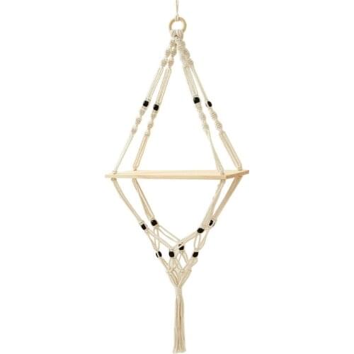 94PF Nordic Style Macrame Plant Hanger Shelf with Wooden Square Plate Beads Woven Tassels Planter Rack Flower Pot Holder Tray
