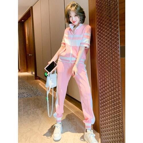 Top Quality Casual contrast stripe zipper short sleeve top+Summer new style of corset casual pants suit