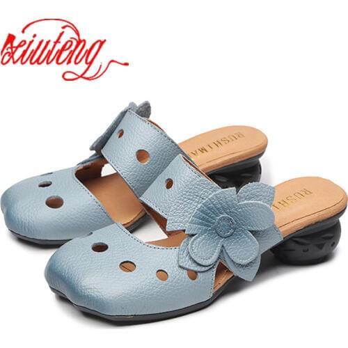 Xiuteng Hollow Sandals Flowers Pattern Genuine Leather Big Head Adjustable Daily Sandals Ladies Shoes Spring New Women Slippers