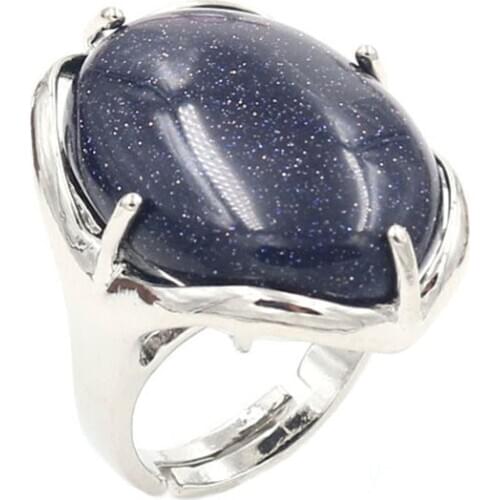 YJXP Silver Plated Oval Shape Adjustable Finger Wedding Ring Blue Sand Stone Fashion Jewelry