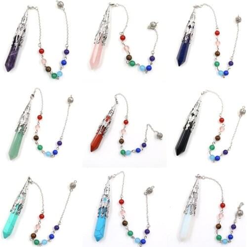 Men Women Natural Healing Gem Stone Jewelry Reiki Pyramid Hexagonal Pendulum Chakra Chain Healing Crystals Pendant Amulet Wicca