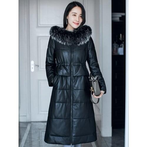 Luxury Winter Genuine Leather Jacket Women Warm Raccoon Fur Coat Real Sheepskin Leahter Jackets Long Parkas LX2252