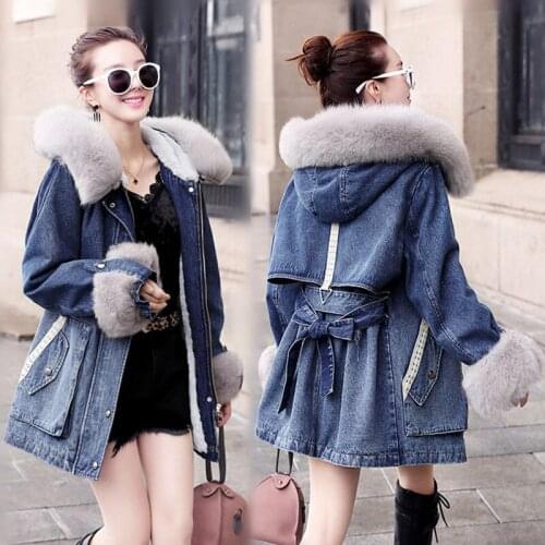 2021 Winter Women Denim Jackets Pocket Thicken Zipper Windproof Long Sleeve Belt Warm Parka Long Casual Female Portable Outwear