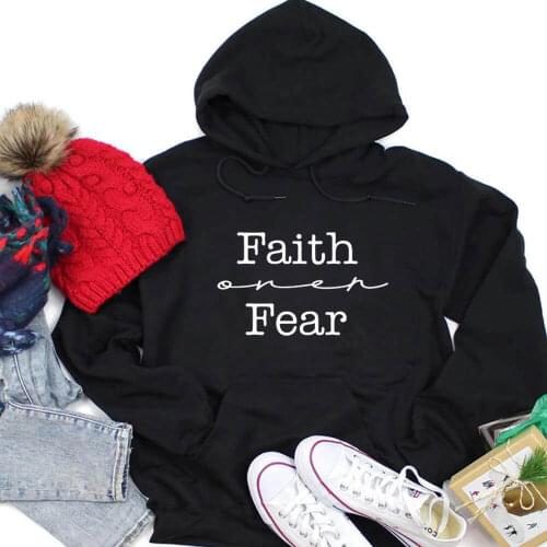 Faith Over Fear Printed 100%Cotton Women Hoodies Faith Clothes Christian Spring Autumn Casual Pullovers Long Sleeve Hooded Top