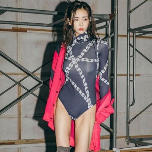 UVRCOS Elastic Skinny Short Jumpsuit 2021 New 3D Printed Chain Turtleneck Long Sleeve Body Suits For Women Overalls Bar Bodysuit