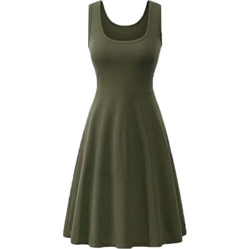 Women Summer Knee Length O-neck Sleeveless Solid Pullover Casual Ruched Slip Midi Sundresses