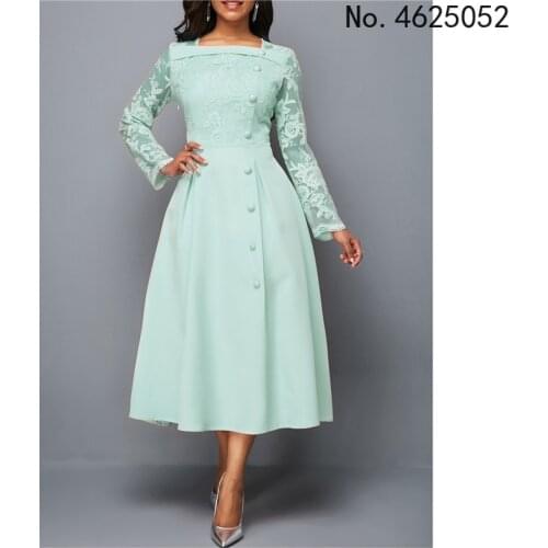 Womens Dress Elegant Long Sleeve Lace Stitching High Waist big hem mid-length Big Size Dresses For Women