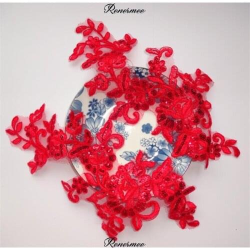 2Pairs/4pcs 3colors Glitter Sequins Red, Ivory, White Wedding Applique Lace Trim Dress DIY Manual Accessories 32X7cm SX2