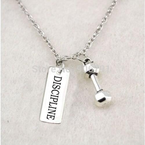 Antique Silver plated dumbbell and DISCIPLINE Charms sports Necklace
