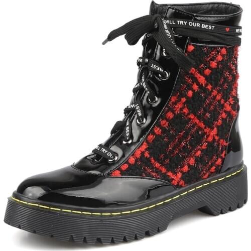 PU Stitching Special Cloth Checkerboard Pattern Ankle Boots Flat-Bottomed Cross Strap Fashion Short Boots Waterproof Platform