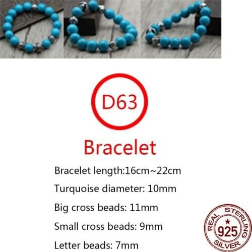 D63 S925 Sterling Silver Bracelet Retro Personality Punk Hip Hop Style Turquoise Cross Alphabet Shaped Couple Beads 2020 new hot