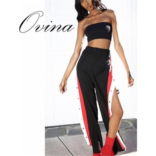 High Quality Black Striped Splitted Loose Full Length Bandage Pants Leisure Women Pants